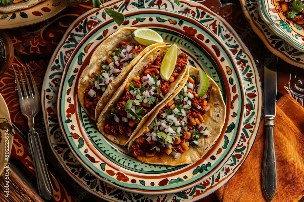 traditional tacos on a very beautiful ornate porcelain plate in pastel colors with a formal table setting close up, elevated trend, cinco de mayo