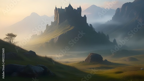 morning mist rolling over ancient hills in a Celtic landscape photo
