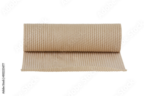 Rolled beige paper towel roll on a white background.