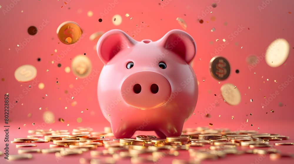 A piggy bank, surrounded by various coins and colors, inspires savings as a financial element for income boost in bank marketing. Cash deposits trade bokeh lights evoking prosperity. A piggy bank, surrounded by various coins and colors, inspires savings as a financial element for income boost in bank marketing. Cash deposits trade bokeh lights evoking prosperity.
