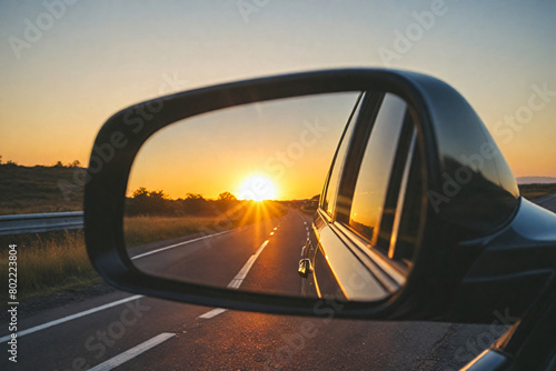 The rearview mirror of a car on the side of the road with the sun reflecting in the rear view mirror
