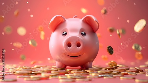 A piggy bank, surrounded by various coins and colors, inspires savings as a financial element for income boost in bank marketing. Cash deposits trade bokeh lights evoking prosperity.