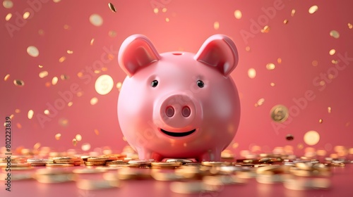 A piggy bank, surrounded by various coins and colors, inspires savings as a financial element for income boost in bank marketing. Cash deposits trade bokeh lights evoking prosperity.
