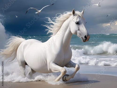 A white horse runs on the beach in the sea waves and seagulls fly over it