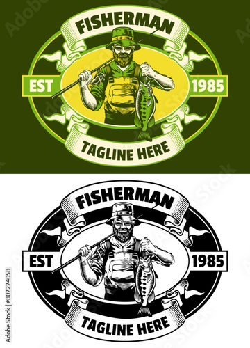 Fisherman with Bass Fish Badge Logo Design (ID: 802224058)