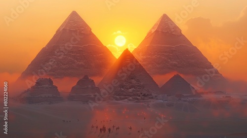 Desert Sunset with Pyramids and Camels - Generative AI Art