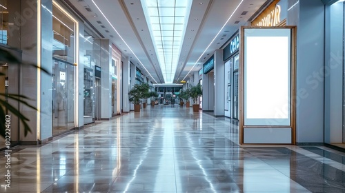 Empty White Advertising Board Space in Public Mall or Business Center for Mockup Sign with Copy Area