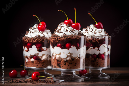 Collection of Black Forest cakes, a classic German dessert made with layers of chocolate cake, whipped cream, and cherries,  Generative AI,