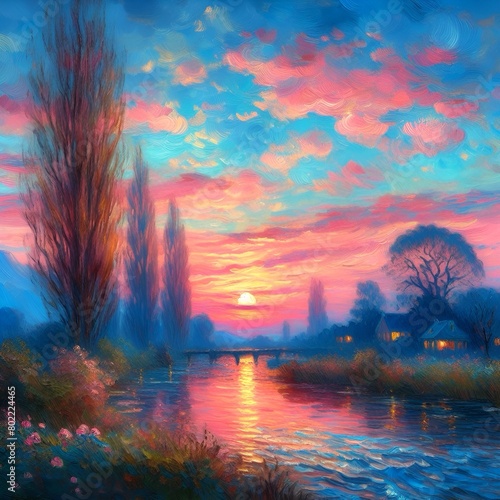 Monet-Stil, Sonnenuntergang am Meer, Ölgemälde