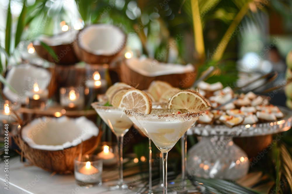 A coconut-themed cocktail party with coconut-shaped glasses, coconut-shaped appetizers, and coconut-inspired decor.