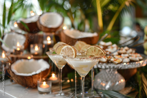 A coconut-themed cocktail party with coconut-shaped glasses  coconut-shaped appetizers  and coconut-inspired decor.