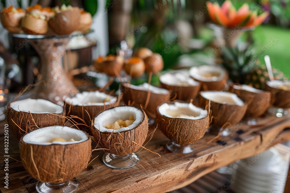 A coconut-themed cocktail party with coconut-shaped glasses, coconut-shaped appetizers, and coconut-inspired decor.