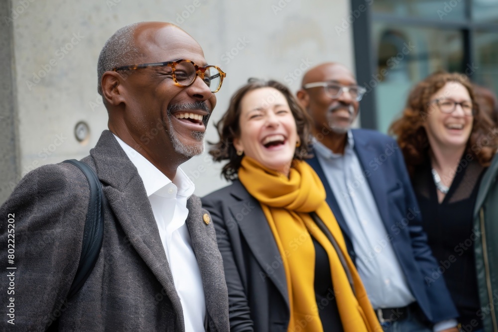 Portrait of smiling senior african american man in eyeglasses looking at camera with colleagues in background Portrait of smiling senior african american man in eyeglasses looking at camera with colleagues in background