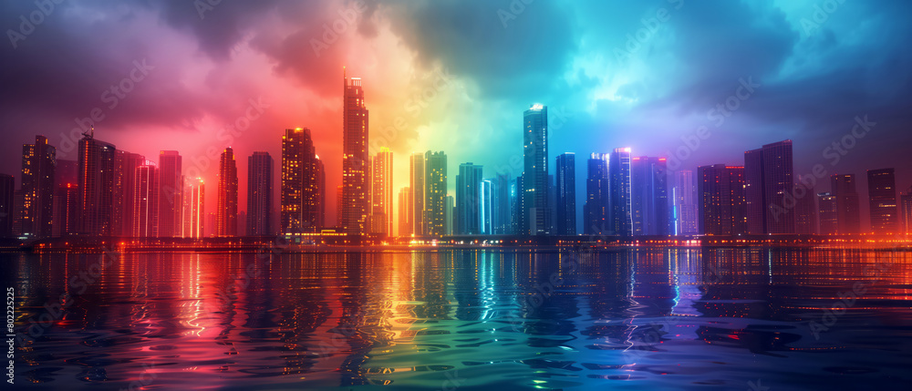 A cityscape with buildings illuminated in rainbow lights, pride month theme