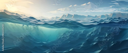 Realistic paper-cut illustration of excessive plastic pollution in oceans, minimalist style, blurred ocean background, photo