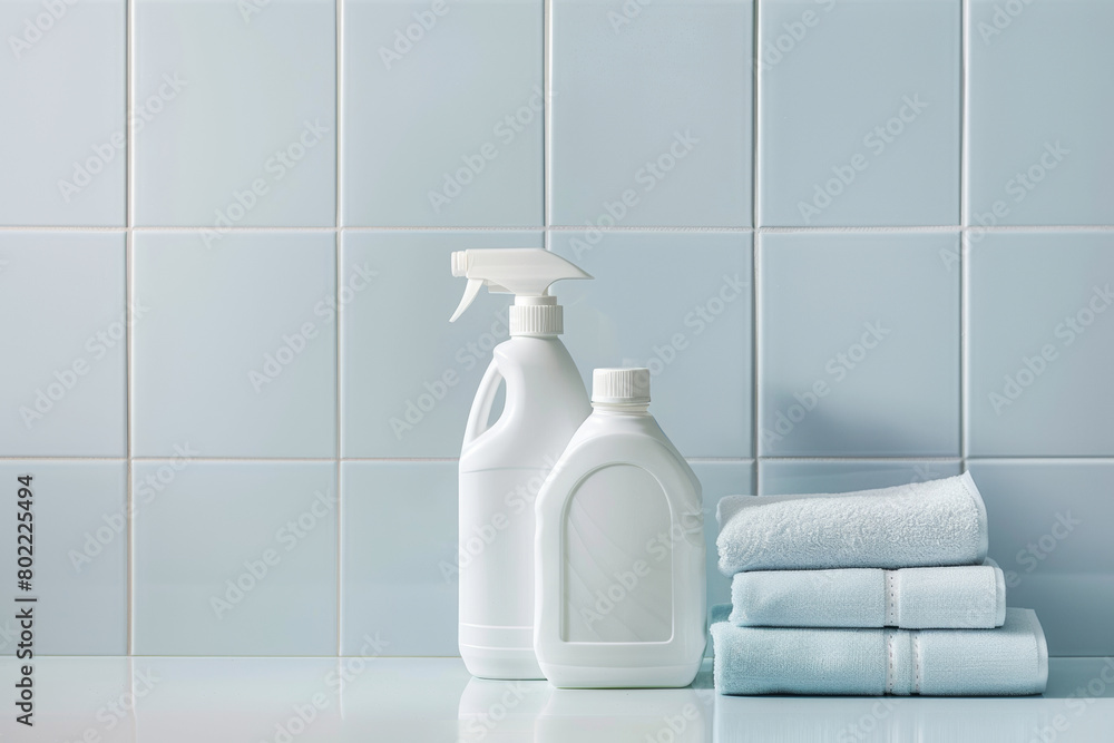 Household chemicals on a shelf in the bathroom in blue tones. I'm cleaning the house. I'm disinfecting the room.