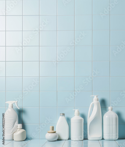 Household chemicals on a shelf in the bathroom in blue tones. I'm cleaning the house. I'm disinfecting the room.