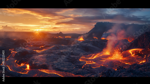 A dramatic volcanic landscape with steaming vents, rugged lava formations, and a fiery sunset sky