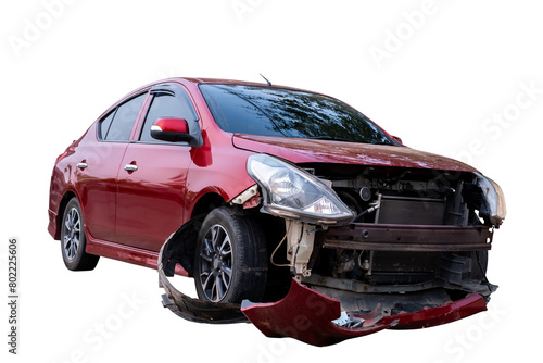 Car crash, Full body front and side view of red car get damaged by accident on the road. damaged cars after collision. Isolated on transparent background, car crash broken, PNG File