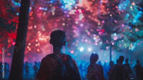 A man standing in front of a colorful firework display, observing the bright explosions in the night sky. © Emiliia