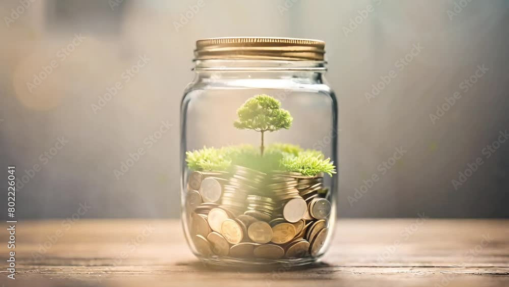 A jar full of coins with a plant growing out of it.Money management invest concept A jar full of coins with a plant growing out of it.Money management invest concept
