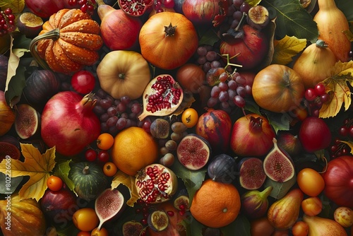 Create a photorealistic digital illustration of a birds-eye view of a bountiful autumn harvest, featuring a cornucopia brimming with rich, colorful seasonal fruits like pomegranates, figs, and persimm photo