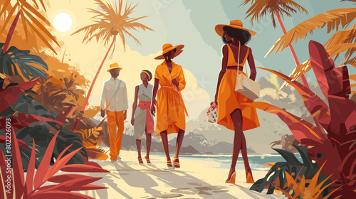 Tropical elegance: Stylish group dressed in vibrant orange walking along a beachside path with palm trees