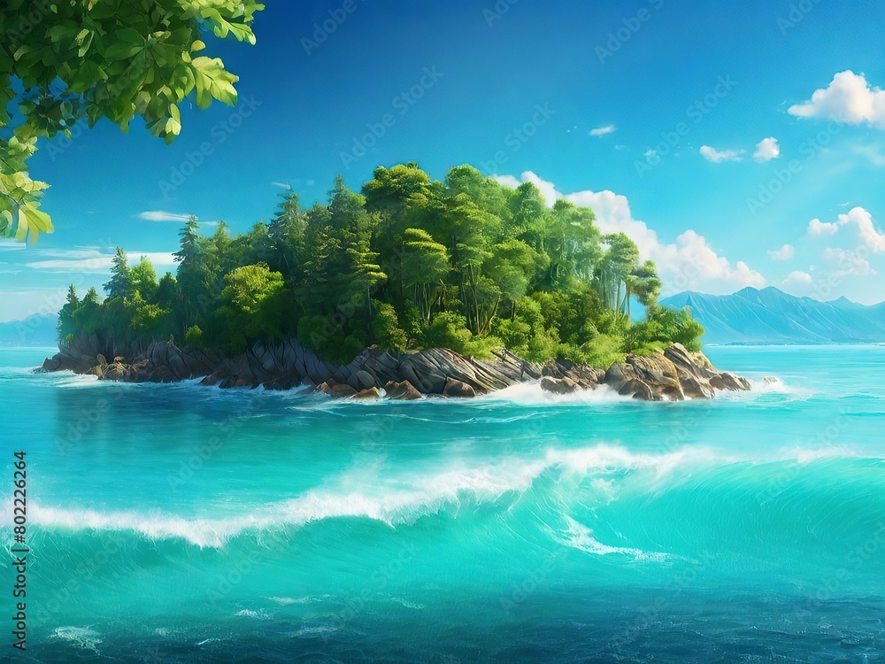 An island full of green forests surrounded by sea waves and clear sky above
