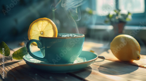 Cup of hot aromatic beverage with lemon on table photo
