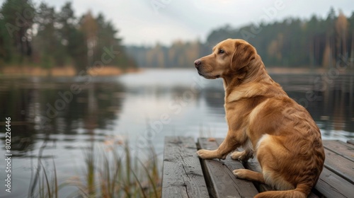 Serene Canine: A Dog's Nature Walk Adventure with Thoughtful Pet Gazing at the Horizon on a Hiking Trail by the Lake