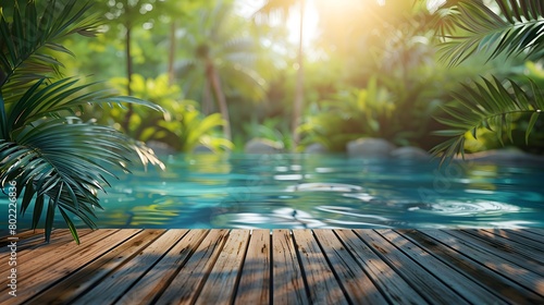 Wooden deck empty  with a shimmering swimming pool and tropical trees blurred in the background  bathed in sunlight.