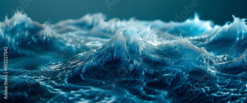 Design an AI-generated visualization of undulating waves, capturing the vibrant spectrum from azure to deep navy, conveying the dynamic movement and vitality of the ocean. photo