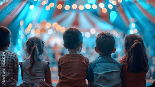 Children watching circus show in festive dome tent surrounded by excited crowd. Concept Childhood Memories, Circus Entertainment, Festive Atmosphere, Excited Audience, Circus Performances