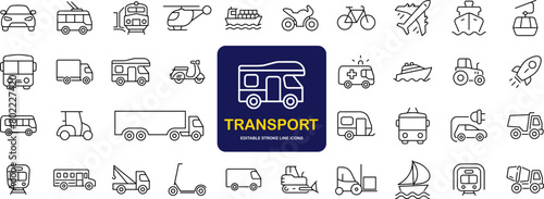 Transport set of web icons in linear style. Transport, vehicle and delivery icons for web and mobile app. Public transport, car, bike, train, bicycle, plane, bus, metro, ship, bulldozer, helicopter