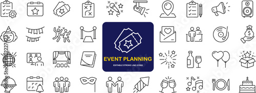 Event planning set of web icons in linear style. Event organisation icons for web and mobile app. Management, wedding, entertainment, catering, invitations, catering, coordination. Vector illustration