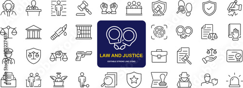 Law and justice set of web icons in linear style. Justice and law icons for web and mobile app. Legal documents. Law, judgement, prison, justice, court legal, lawyer, criminal. Vector illustration