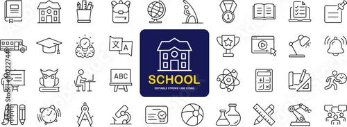 School set of web icons in linear style. Education and knowledge icons for web and mobile app. Back to school. Learning, classroom, students, online education. Vector illustration