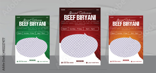 delicious beef biryani flyer design and restaurant food menu template