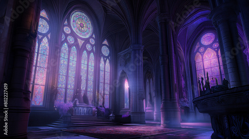 A grand, intricately designed cathedral with stained glass windows glowing in the soft evening light