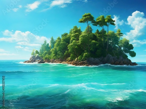 An island full of green forests surrounded by sea waves and clear sky above