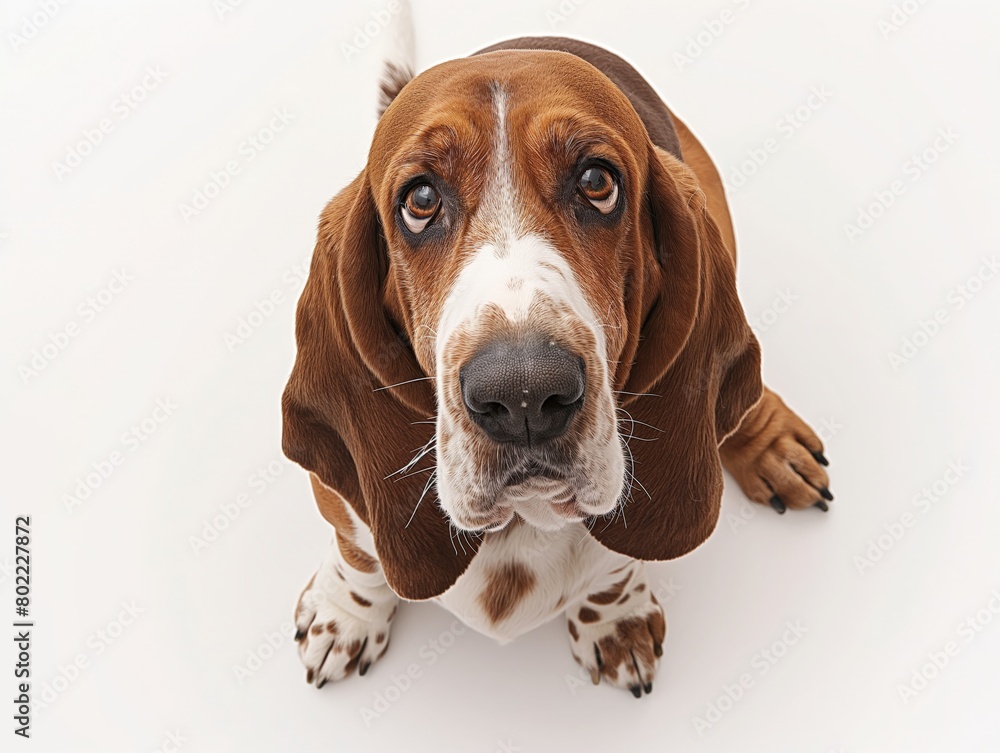 A cute Basset Hound with soulful eyes looking upwards against a white background