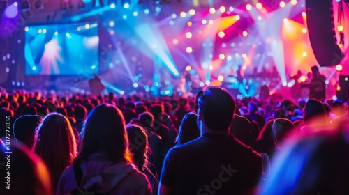 A massive crowd of enthusiastic individuals gathered at a live music event, enjoying the performance and cheering. © Emiliia