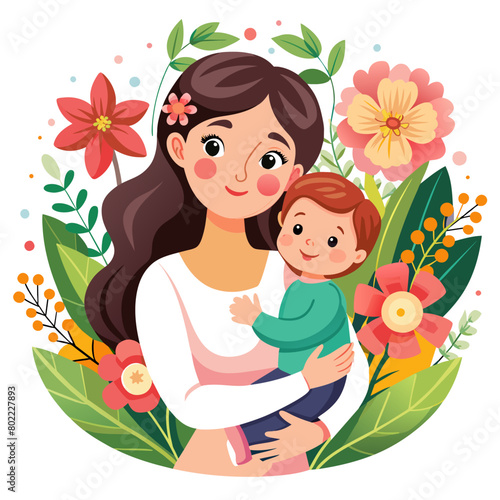 Mother s loving embrace of her precious baby against a backdrop of whimsical flowers