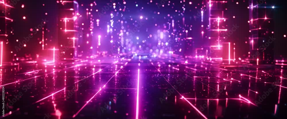 Virtual reality space with glowing geometric shapes, future entertainment tech