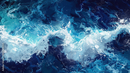 Design an AI-generated image showcasing the captivating allure of waves rolling across the ocean's surface, painted in shades ranging from azure to deep navy, pulsing with vibrant energy.