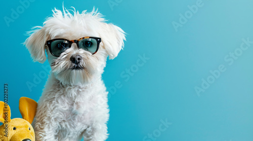 Cute Bolognese dog in sunglasses with toy on blue background © Daniel