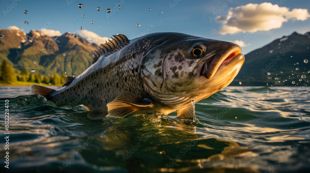 Obraz premium Close up of big perch fish jumping from the water with bursts in high mountain clean lake or river, at sunset or dawn, picturesque mountain summer landscape. Copy space.