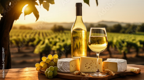 Glass and bottle of white wine with cheese on wooden table on landscape background of vineyard. Served outside at sunset. Copy space.
