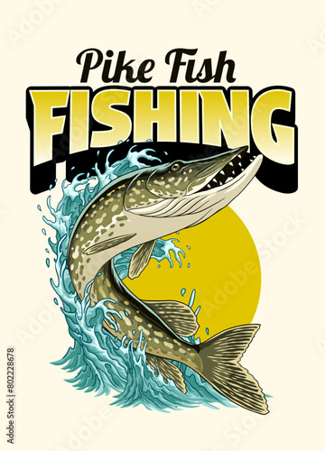 Pike Fish Fishing Shirt Design with Water Splash Isolated