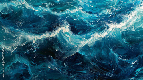 Design an AI-generated image showcasing the captivating allure of waves rolling across the ocean's surface, painted in shades ranging from azure to deep navy, pulsing with vibrant energy.